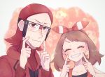  1boy 1girl blush bow_hairband brown_hair closed_eyes closed_mouth collarbone commentary_request eyelashes glasses grin hairband hands_up highres hime_(himetya105) index_fingers_raised long_hair maxie_(pokemon) may_(pokemon) medium_hair pokemon pokemon_oras red_eyes red_hair red_hairband red_sweater ribbed_sweater shirt sleeveless sleeveless_shirt smile star_(symbol) sweater teeth 