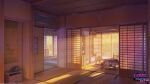  3d architecture arsenixc bed calendar_(object) east_asian_architecture futon highres house jar lamp no_humans original phone sandals scenery shelf sunlight sunset wooden_chair wooden_door wooden_table 