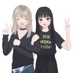  2girls ^_^ absurdres arm_up black_choker black_eyes black_hair black_shirt black_shorts black_sweater blue_shorts blush choker closed_eyes clothes_writing collarbone commentary_request girls_band_cry grey_hair highres kawaragi_momoka locked_arms long_hair long_sleeves looking_at_viewer multicolored_hair multiple_girls omochi_tabeyo97 open_mouth real_life roots_(hair) shirt shirt_tucked_in short_sleeves shorts simple_background sleeves_past_wrists sweater v voice_actor voice_actor_connection white_background yuri_(voice_actor) 