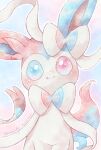  alternate_color closed_mouth commentary fang fang_out heterochromia highres looking_at_viewer no_humans pokemon pokemon_(creature) remedy_matome shiny_pokemon smile solo sylveon twitter_username two-tone_background 