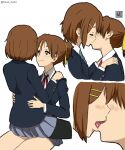 artist_name black_pantyhose brown_eyes brown_hair close-up closed_eyes commentary english_commentary french_kiss hair_ornament hairclip hanamuko hand_on_another&#039;s_shoulder hirasawa_ui hirasawa_yui incest k-on! kiss pantyhose pleated_skirt ponytail school_uniform short_ponytail siblings simple_background sisters sitting sitting_on_lap sitting_on_person skirt smile tongue uniform white_background yuri 