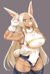  1girl animal_ears black_thighhighs boku_no_hero_academia breasts commentary_request cowboy_shot dark-skinned_female dark_skin gloves grey_background grin highres large_breasts leotard lets0020 long_hair looking_at_viewer mirko muscular muscular_female orange_eyes rabbit_ears rabbit_girl rabbit_tail salute simple_background smile solo tail thighhighs white_gloves white_hair white_leotard 