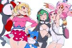  3girls :o ;d absurdres arm_up armpits bag bare_shoulders bike_shorts bikini bikini_top_only black_bikini black_choker black_jacket blonde_hair breasts camisole choker cleavage collarbone cowboy_shot digimon digimon_(creature) digimon_world_re:digitize digimon_xros_wars digimon_xros_wars:_toki_wo_kakeru_shounen_hunter-tachi dress english_commentary goggles goggles_around_neck green_hair hair_between_eyes hair_ornament hand_on_own_hip hand_up highres hood hood_up hooded_jacket in-franchise_crossover jacket long_hair long_sleeves looking_at_another medium_breasts multiple_girls multiple_wristbands navel one_eye_closed open_mouth opossummon orange_eyes panties pantyshot partially_unzipped pink_eyes pink_hair pink_panties pink_shirt piyomon polka_dot polka_dot_skirt red_eyes red_skirt rindou_akiho riza23 shinomiya_rina shirt short_hair short_hair_with_long_locks shoulder_bag sidelocks simple_background skirt sleeveless sleeveless_dress sleeves_past_elbows small_breasts smile standing striped_camisole striped_clothes suzaki_airu swimsuit teeth thigh_gap twintails two-tone_bikini underwear upper_teeth_only v v-mon white_background white_bikini white_dress x_hair_ornament 