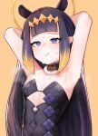  1girl absurdres armpits arms_behind_head bangs black_hair blunt_bangs choker closed_mouth dress flat_chest fur_trim hair_ornament halo highres hololive hololive_english hun2 ninomae_ina&#039;nis orange_background presenting_armpit purple_eyes simple_background solo steaming_body sweat tentacle_hair upper_body virtual_youtuber wavy_mouth 