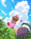  basket blush cloud cloudy_sky day falling food fruit grass grasslands highres kirby kirby_(series) leaf looking_up miclot nature open_mouth outdoors peach running sky solo tongue 