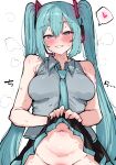  1girl aqua_hair black_skirt blush breasts clothes_lift collared_shirt forehead_out_of_frame grey_shirt hatsune_miku headset heart heart-shaped_pupils highres kobinbin lifting_own_clothes long_hair looking_at_viewer medium_breasts navel necktie no_panties shirt sidelocks simple_background skirt skirt_lift sleeveless sleeveless_shirt solo sound_effects spoken_heart sweat symbol-shaped_pupils twintails very_long_hair vocaloid white_background 