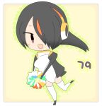  1girl black_hair black_jacket blush_stickers breasts brown_eyes chibi commentary_request emperor_penguin_(kemono_friends) full_body hair_between_eyes hair_over_one_eye headphones holding holding_pom_poms jacket kemono_friends lets0020 long_bangs medium_breasts multicolored_hair numbered one-piece_swimsuit open_clothes open_jacket open_mouth orange_hair pom_pom_(cheerleading) short_hair smile solo streaked_hair swimsuit thighhighs walking white_one-piece_swimsuit white_thighhighs yellow_background 