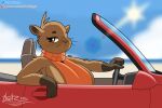  2022 anthro beach big_breasts blush bootleggz breasts brown_body brown_fur capybara car caviid cel_shading clothed clothing cloud convertible detailed_background digital_media_(artwork) driving eyebrows eyelashes female fur glistening glistening_body hi_res huge_breasts light mammal outside pam_(joaoppereiraus) patreon patreon_logo resting_arm rodent sand seaside shaded signature sitting sky solo sun sunlight sweater text topwear tuft twitter_logo url vehicle water 