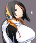  1girl :3 black_hair black_jacket breasts brown_eyes closed_mouth commentary_request emperor_penguin_(kemono_friends) eyes_visible_through_hair grey_background hair_between_eyes hand_up headphones highres jacket kemono_friends large_breasts lets0020 long_bangs looking_at_viewer multicolored_hair numbered one-piece_swimsuit open_clothes open_jacket orange_hair short_hair simple_background smile smug solo streaked_hair swimsuit two-tone_hair upper_body white_one-piece_swimsuit 