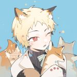  1boy animal_ear_fluff atou_haruki blonde_hair blue_background chinese_commentary commentary_request fox fox_boy highres kemonomimi_mode long_sleeves lower_teeth_only male_focus open_mouth portrait red_eyes ribbed_sweater saibou_shinkyoku sample_watermark short_hair simple_background solo sweater teeth turtleneck turtleneck_sweater watermark white_sweater xiao228 