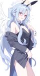  :d animal_ears black_bow black_bowtie black_jacket black_leotard blush bow bowtie collar detached_collar feathered_wings flying_sweatdrops grey_hair hair_between_eyes halo hand_up hijiri_(resetter) jacket leotard leotard_under_clothes long_sleeves looking_at_viewer off_shoulder open_clothes open_jacket original parted_bangs ponytail rabbit_ears rabbit_girl rabbit_tail red_eyes simple_background smile solo standing sweat tail white_background white_collar white_wings wing_collar wings wrist_cuffs 