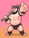  1boy animal_ears bamboo bara beanie bear_ears beard belly carrying_over_shoulder facial_hair foreshortening full_beard hat highres large_pectorals looking_at_viewer male_focus mature_male multiple_scars muscular muscular_male mustache navel_hair nipples original pectorals pink_background plump scar second-party_source short_hair solo standing thick_beard topless_male yonson_carbonell 