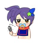  1girl aged_down bib blush blush_stickers brown_eyes cropped_torso hair_ornament holding holding_rattle looking_at_viewer navel nose_blush pacifier pretty_series pripara purple_hair rattle side_ponytail simple_background solo toudou_shion translation_request white_background xxogorexx 