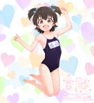  1girl :d absurdres akagi_miria arm_up bare_arms bare_legs bare_shoulders barefoot black_hair black_one-piece_swimsuit blue_bow bow brown_eyes covered_navel full_body hair_between_eyes hair_bow hand_up heart heart_background highres idolmaster idolmaster_cinderella_girls kneeling looking_at_viewer mayafufu one-piece_swimsuit smile solo swimsuit two_side_up white_background 
