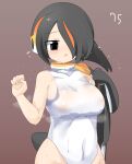  1girl bird_tail black_hair black_jacket blush brown_background commentary_request covered_navel covered_nipples cowboy_shot emperor_penguin_(kemono_friends) gradient_background hair_between_eyes hair_over_one_eye headphones highres jacket kemono_friends lets0020 long_bangs multicolored_hair numbered one-piece_swimsuit open_mouth orange_hair short_hair solo streaked_hair swimsuit tail undressing white_one-piece_swimsuit 