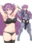  1girl armor armored_boots armpits arms_behind_head arms_up black_bra black_panties black_thighhighs blush boots bra breastplate breasts cleavage closed_mouth commentary_request curvy disgaea eyelashes frown gauntlets hair_between_eyes hairband heavy_knight_(disgaea) highres holding holding_weapon long_hair looking_at_viewer navel nude panties pink_eyes pointy_ears polearm purple_hair sanryuu_(rjjk5222) skindentation standing stomach sweatdrop thick_thighs thighhighs thighs underwear very_long_hair wavy_hair weapon white_background 