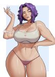  1girl artist_name bare_shoulders boku_no_hero_academia breasts cleavage gud0c hand_in_own_hair highres lady_nagant large_breasts midriff multicolored_hair muscular muscular_female nail_polish pink_hair purple_eyes purple_hair short_hair solo sports_bra stomach thighs two-tone_hair underwear yellow_sports_bra 