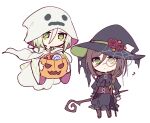  ? black_bow black_hat black_shirt black_skirt bow brown_hair chibi closed_mouth flower ghost_costume green_eyes green_hair hair_between_eyes halloween halloween_bucket hat hat_flower hijiri_(resetter) holding holding_staff juliet_sleeves long_sleeves multicolored_hair original puffy_sleeves red_flower red_rose rose shirt simple_background skirt staff standing two-tone_hair white_background white_hair wide_sleeves witch_hat 