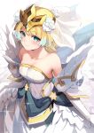  1girl bare_shoulders blonde_hair blue_eyes blue_gemstone blue_hair breasts bridal_veil cleavage commentary_request crown dress earrings elbow_gloves fire_emblem fire_emblem_heroes fjorm_(bridal)_(fire_emblem) fjorm_(fire_emblem) flower from_above gem glint gloves gold_trim gradient_hair hair_flower hair_ornament highres jewelry looking_at_viewer multicolored_hair nakabayashi_zun official_alternate_costume redrawn short_hair simple_background solo strapless strapless_dress veil wedding_dress white_dress white_flower white_gloves 