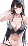  1girl absurdres arm_at_side bikini black_bikini black_hair blush breasts cleavage collarbone ewn eyelashes hair_between_eyes hand_in_own_hair highres hololive hololive_english large_breasts long_hair looking_at_viewer mole mole_under_eye navel nerissa_ravencroft red_eyes sidelocks simple_background sitting solo spread_legs stomach sweat swimsuit very_long_hair virtual_youtuber wet white_background 
