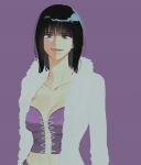  1girl black_hair blue_eyes blunt_bangs coat commentary cowboy_shot cross-laced_clothes cross-laced_top fur-trimmed_coat fur_trim highres korean_commentary long_sleeves looking_at_viewer medium_hair nico_robin one_piece open_mouth ppyobong11 purple_background purple_shirt shirt simple_background smile solo upper_body white_coat 