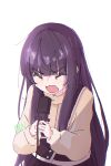  1girl absurdres blush closed_eyes commentary english_commentary highres holding holding_microphone long_hair long_sleeves ltv1119 microphone music open_mouth purple_hair shirt simple_background singing solo takanashi_kim_anouk_mei tears white_background yellow_shirt yoru_no_kurage_wa_oyogenai 