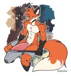  anthro athletic athletic_male big_penis canid canine clothing dave_(phosphoruscrow) fox genitals gloves_(marking) hi_res huge_penis hyper hyper_genitalia hyper_penis looking_at_genitalia male mammal markings penis phosphoruscrow simple_background sitting solo underwear 