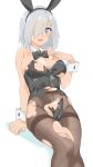  1girl absurdres alternate_costume black_bow black_bowtie black_leotard black_pantyhose blue_eyes bow bowtie breasts grey_hair hair_ornament hair_over_one_eye hairclip hamakaze_(kancolle) high-waist_pantyhose highres invisible_chair kantai_collection large_breasts leotard looking_at_viewer maonatten pantyhose short_hair simple_background sitting solo strapless strapless_leotard thighband_pantyhose torn_clothes torn_leotard torn_pantyhose white_background 