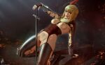  1girl :d blonde_hair breasts brown_gloves corset covered_nipples dark_souls_(series) dark_souls_i fingerless_gloves genderswap genderswap_(mtf) gloves hat_feather highres leaning_back long_sleeves medium_breasts nipples pubic_tattoo pussy short_hair signature smile solaire_of_astora solo sword tattoo teeth themaestronoob tile_floor tiles tongue uncensored upper_teeth_only weapon 