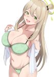  1girl :d absurdres bare_shoulders black_hair blonde_hair blue_archive bow bow_panties bra breasts cleavage collarbone cowboy_shot floral_print from_above green_bra green_eyes green_halo green_panties groin hair_between_eyes hair_bow halo hands_up highres kana_(wucz8478) lace-trimmed_bra lace_trim large_breasts light_blush long_hair looking_at_viewer navel nonomi_(blue_archive) one_side_up open_clothes open_mouth open_shirt panties print_bra print_panties shirt shirt_partially_removed sidelocks simple_background smile solo standing straight_hair swept_bangs teeth underwear undressing upper_teeth_only white_background white_shirt 