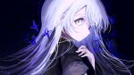  1girl black_background black_dress blue_eyes blue_flower closed_mouth dress flower from_side hand_on_own_chest hand_up highres long_hair looking_at_viewer looking_to_the_side momosu_momo original profile short_sleeves sideways_glance smile solo upper_body white_eyes white_hair 