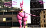  2024 3d_(artwork) anthro beerus big_butt bottomless butt city city_background cityscape clothed clothing dialogue digital_media_(artwork) domestic_cat domizoni dragon_ball dragon_ball_super felid feline felis hi_res jewelry looking_at_viewer looking_back male mammal pink_body solo source_filmmaker_(artwork) text thick_thighs 