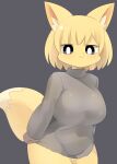  1girl :3 animal_ear_fluff animal_ears black_eyes blonde_hair blush breasts bright_pupils closed_mouth commentary_request cowboy_shot fox_ears fox_girl fox_tail furry furry_female grey_background highres large_breasts lets0020 long_sleeves looking_at_viewer medium_bangs original short_hair simple_background sleeves_past_wrists smile solo sweater tail turtleneck turtleneck_sweater white_pupils 