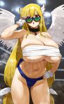  1girl abs absurdres armpits astraea_(sora_no_otoshimono) blonde_hair breasts cleavage collar feipin_zhanshi head_wings highres large_breasts long_hair sarashi sora_no_otoshimono sunglasses wings 