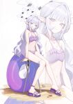  1girl absurdres animal bikini blue_archive blush breasts cleavage closed_mouth collarbone crab grey_hair halo highres himari_(blue_archive) innertube jewelry long_hair looking_at_viewer mole mole_under_eye navel necklace pointy_ears purple_bikini purple_eyes purple_halo sandals small_breasts smile solo sunglasses swim_ring swimsuit thigh_strap toes unworn_eyewear zanya_000 zoom_layer 