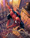  1boy absurdres bird blue_bodysuit bodysuit empire_state_building from_above gloves highres looking_ahead male_focus marvel mask midair new_york_city red_footwear red_gloves solo spider-man spider-man_(series) spider_web_print sunlight superhero_costume tyler_cairns western_comics_(style) 
