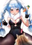  1girl :d absurdres animal_ears bare_arms black_gloves black_leotard blue_hair blush bow braid breasts card carrot_hair_ornament cat cat_ears cleavage covered_navel cowboy_shot floppy_ears food-themed_hair_ornament fur-trimmed_gloves fur_scarf fur_trim gloves hair_between_eyes hair_bow hair_ornament hands_up highres holding hololive legs_apart leotard long_hair looking_at_animal lower_teeth_only multicolored_hair open_mouth orange_eyes pantyhose playboy_bunny playing_card rabbit-shaped_pupils rabbit_ears scarf short_eyebrows sidelocks simple_background sitting small_breasts smile solo strapless strapless_leotard symbol-shaped_pupils teeth terra_bose thick_eyebrows twin_braids two-tone_hair usada_pekora usada_pekora_(1st_costume) virtual_youtuber white_background white_bow white_hair white_scarf 