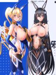  2girls android ass bare_shoulders between_breasts black_hair blonde_hair blue_eyes blush bodysuit breasts breasts_out breathing_tube brown_eyes clothes_removed clothing_cutout elbow_gloves gloves high_heels highres huge_breasts inverted_nipples large_breasts looking_at_viewer mask mecha_musume mechanical_parts multiple_girls navel navel_cutout navel_piercing original piercing playboy_bunny ponytail revealing_clothes robot skin_tight skindentation thick_thighs thigh_gap thighhighs thighs yusha_m 