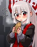  1girl absurdres blush bow dated dated_commentary ear_blush food fujiwara_no_mokou hair_bow highres holding holding_food jacket long_hair long_sleeves neophyte open_mouth red_eyes sleeves_past_wrists solo steam taiyaki touhou wagashi white_hair 