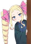  1girl :&lt; alternate_costume artist_name beatrice_(re:zero) blonde_hair blue_eyes blue_robe blush closed_mouth commentary_request drill_hair hair_ribbon leaning_to_the_side long_hair long_sleeves looking_at_viewer pink_pupils pink_ribbon re:zero_kara_hajimeru_isekai_seikatsu ribbon robe s_(hdru2332) solo symbol-shaped_pupils white_background wide_sleeves 