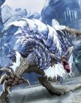  absurdres animal_ears claws highres ice looking_at_viewer lunagaron monster_focus monster_hunter_(series) monster_hunter_rise no86484588 scales sharp_teeth spikes tail teeth wolf wolf_ears yellow_eyes 