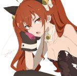  1girl ahoge animal_ears animal_hands armpits bell black_leotard black_thighhighs breasts brown_dust_2 cat_ears cat_paws cleavage collar eris_greyrat fake_animal_ears feet_out_of_frame from_side hair_between_eyes hand_on_own_chin jingle_bell leotard long_hair looking_at_viewer lower_teeth_only medium_breasts mushoku_tensei open_mouth red_eyes red_hair short_eyebrows signature simple_background sitnon sitting solo teeth thighhighs twintails very_long_hair white_background white_collar 