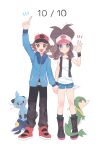  1boy 1girl :d absurdres antenna_hair arm_up black_footwear black_vest blue_jacket blue_shorts boots brown_eyes brown_hair closed_mouth commentary_request dewott exposed_pocket hat highres hilbert_(pokemon) hilda_(pokemon) hime_(himetya105) holding_hands index_finger_raised jacket knees long_hair long_sleeves notice_lines open_clothes open_mouth open_vest pants pokemon pokemon_(creature) pokemon_bw red_hat servine shirt shoes shorts sidelocks sleeveless sleeveless_shirt smile standing vest white_shirt 