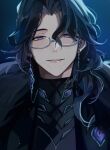  1boy bangs black_coat black_hair blue_eyes coat commentary english_commentary fur_trim genshin_impact glasses highres long_hair looking_at_viewer male_focus pantalone_(genshin_impact) semi-rimless_eyewear smile solo szainx wavy_hair white-framed_eyewear 