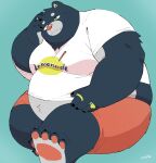  2022 absurd_res anthro belly big_belly blue_background clothing hi_res humanoid_hands kemono male mammal obese obese_male overweight overweight_male shirt simple_background sitting solo text text_on_clothing text_on_shirt text_on_topwear topwear uokkom ursid 