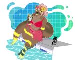  accessory anthro beverage big_breasts bikini breasts brown_body brown_fur casey_quartz clothing eyewear female flower flower_in_hair food fruit fur glasses hair hair_accessory heart_glasses hi_res lemon mammal markings mustelid otter pink_hair plant pool poolside shindekitty solo swimwear tail thick_tail thick_thighs tongue tongue_out water yellow_eyes yellow_markings yellow_tongue 