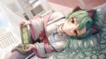 1girl absurdres bangs bed blush breasts cabinet cat_ear_headphones closed_mouth curtains green_hair green_nails headphones highres jewelry long_hair looking_at_viewer lying monitor necktie nintendo_switch original pillow pul_(gks569) red_eyes red_necktie shirt skirt smile socks solo white_shirt 