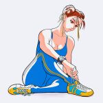  1girl bracelet brown_eyes brown_hair chun-li double_bun eyelashes full_body hair_bun highres jewelry omurakenjiart shoes sitting skin_tight sleeveless sneakers solo street_fighter street_fighter_zero_(series) tight unitard 