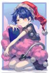  1girl :3 aokihatoba_01 black_capelet blue_eyes blue_hair blush book border capelet corrupted_twitter_file doremy_sweet fingernails full_body hair_over_one_eye hat highres holding holding_book hugging_object looking_at_viewer nightcap outside_border pom_pom_(clothes) red_hat seiza short_hair short_sleeves simple_background sitting smile solo tail tapir_tail touhou twitter_username white_border wool 