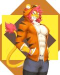  abs anthro breasts captainjohkid cleavage clothed clothing felid female hair hoodie jacket_only lion mammal muscular muscular_female navel pantherine pink_hair solo stripes topwear wristband 